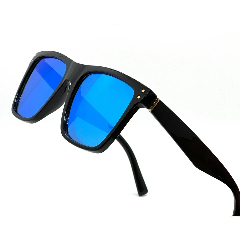 Square Sunglasses Blue Mirrored Lens Black Frame Fashion Sun‎ Glasses Trendy New